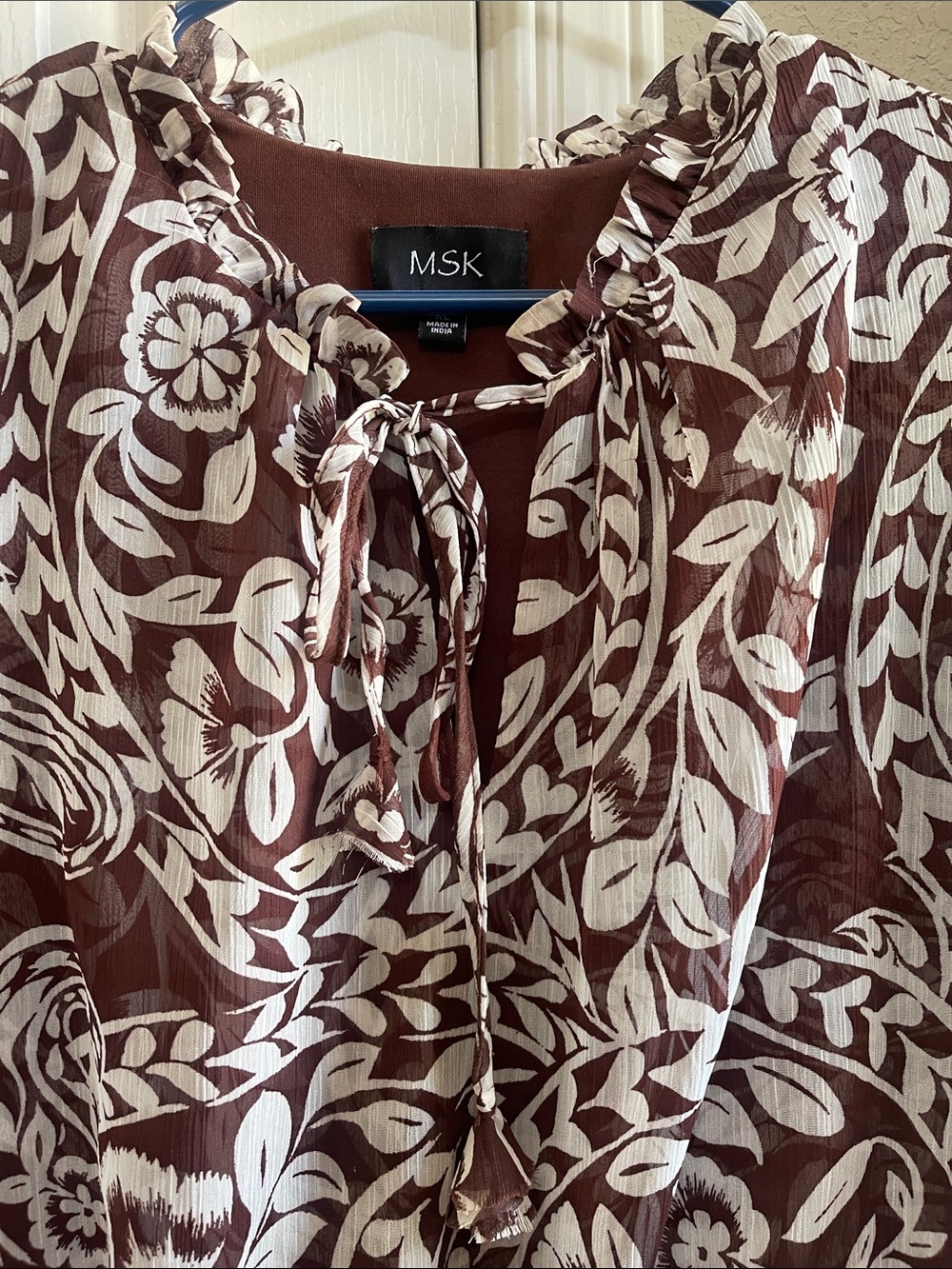 MSK Brown & White Floral Paisley Maxi Dress with Tie Neck &Elastic waist band. - Picture 2 of 12